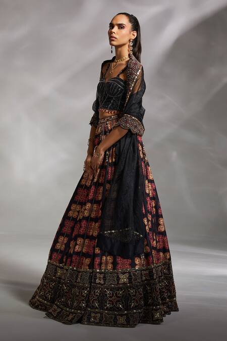 Buy_Divya Aggarwal_Black Corset Satin, Dupatta Organza, Lehenga Silk Dupion Leona Set _Online_at_Aza_Fashions