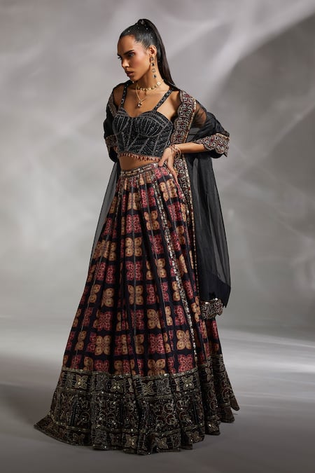Shop_Divya Aggarwal_Black Corset Satin, Dupatta Organza, Lehenga Silk Dupion Leona Set _Online_at_Aza_Fashions