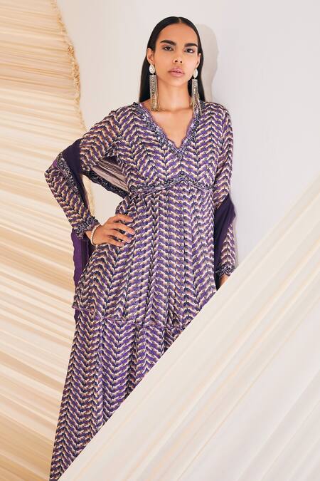 Shop Divya Aggarwal Purple Georgette, Organza Crystals V-neck Meadow Swirl Print Kurta Sharara Set Online at Aza Fashions Shop_Divya Aggarwal_Purple Georgette, Organza Crystals V-neck Meadow Swirl Print Kurta Sharara Set _Online_at_Aza_Fashions