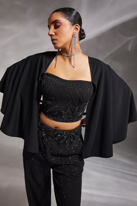 Divya Aggarwal_Black Rough Interlock Geometric Sweetheart Ezra Embellished Bustier And Pant Set_Online_at_Aza_Fashions