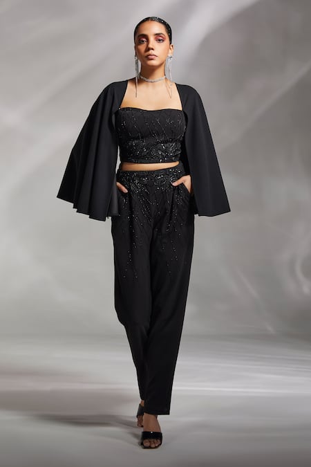 Buy_Divya Aggarwal_Black Rough Interlock Geometric Sweetheart Ezra Embellished Bustier And Pant Set_Online_at_Aza_Fashions