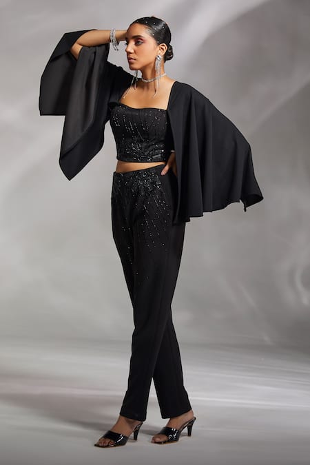 Shop_Divya Aggarwal_Black Rough Interlock Geometric Sweetheart Ezra Embellished Bustier And Pant Set_Online_at_Aza_Fashions