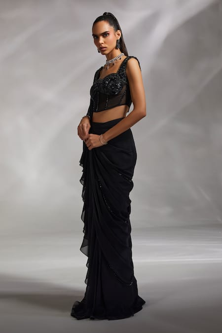 Buy Divya Aggarwal Black Corset Satin And Tulle, Saree Georgette Hertha Pre-draped With Blouse Online at Aza Fashions Buy_Divya Aggarwal_Black Corset Satin And Tulle, Saree Georgette Hertha Pre-draped With Blouse _Online_at_Aza_Fashions