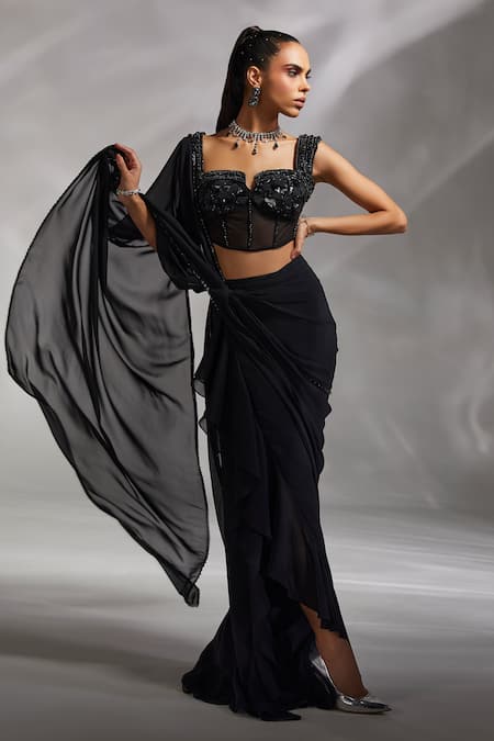 Shop Divya Aggarwal Black Corset Satin And Tulle, Saree Georgette Hertha Pre-draped With Blouse Online at Aza Fashions Shop_Divya Aggarwal_Black Corset Satin And Tulle, Saree Georgette Hertha Pre-draped With Blouse _Online_at_Aza_Fashions