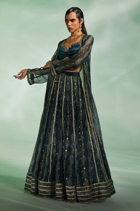 Divya Aggarwal_Green Blouse Duchess Satin, Cape And Lehenga Lurex Georgette Glory Print Set_Online_at_Aza_Fashions
