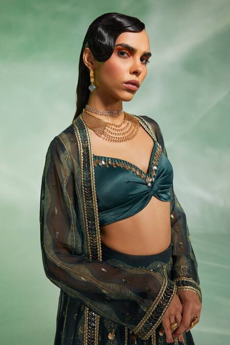 Shop_Divya Aggarwal_Green Blouse Duchess Satin, Cape And Lehenga Lurex Georgette Glory Print Set_Online_at_Aza_Fashions