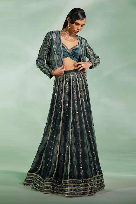 Buy_Divya Aggarwal_Green Jacket Satin Printed Leaf Jacket Open Glory Lehenga Set _Online_at_Aza_Fashions