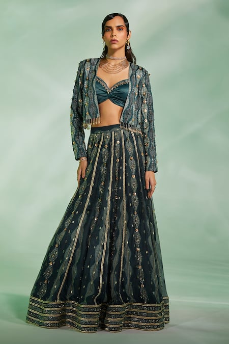Shop_Divya Aggarwal_Green Jacket Satin Printed Leaf Jacket Open Glory Lehenga Set _Online_at_Aza_Fashions