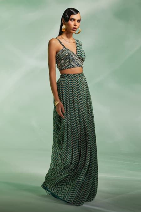 Divya Aggarwal Green Chiffon Geometric, Mirror, Bead V Neck Verity Draped Skirt And Blouse Set Online at Aza Fashions Divya Aggarwal_Green Chiffon Geometric, Mirror, Bead V Neck Verity Draped Skirt And Blouse Set_Online_at_Aza_Fashions