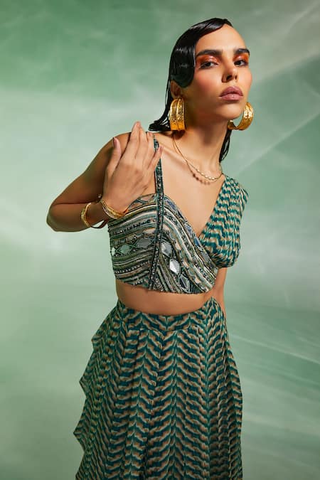 Shop Divya Aggarwal Green Chiffon Geometric, Mirror, Bead V Neck Verity Draped Skirt And Blouse Set Online at Aza Fashions Shop_Divya Aggarwal_Green Chiffon Geometric, Mirror, Bead V Neck Verity Draped Skirt And Blouse Set_Online_at_Aza_Fashions