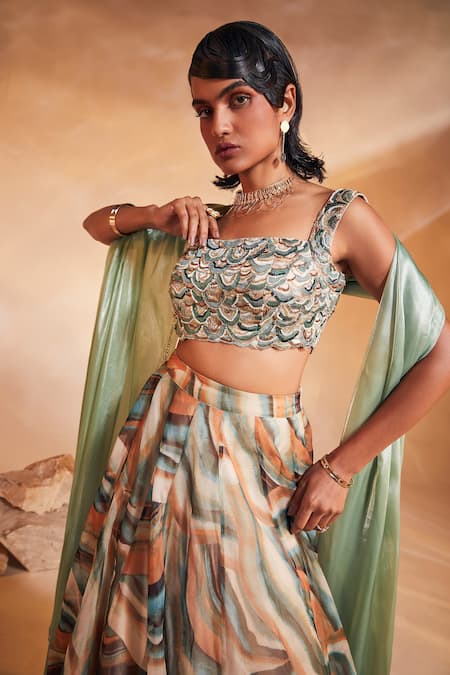 Shop_Divya Aggarwal_Multi Color Organza Abstract Print, Beads Embroidery Square Emery Lehenga Set_Online_at_Aza_Fashions