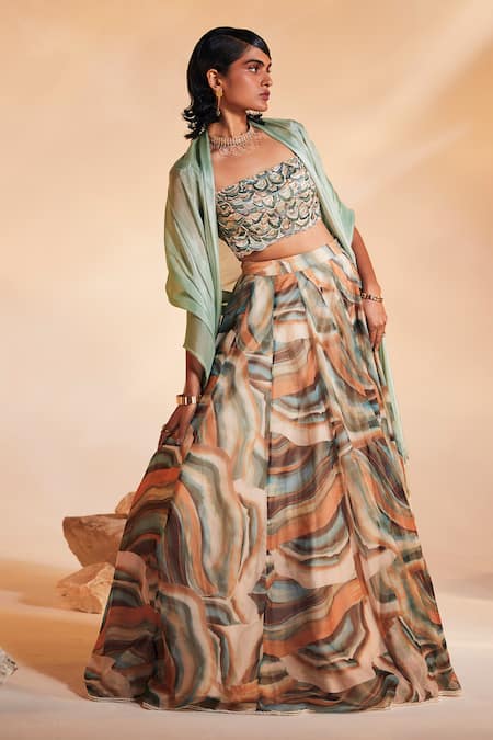 Divya Aggarwal_Multi Color Organza Abstract Print, Beads Embroidery Square Emery Lehenga Set_Online_at_Aza_Fashions
