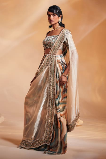 Divya Aggarwal_Multi Color Blouse  Saree And Chiffon Avery Pre-draped With_Online_at_Aza_Fashions