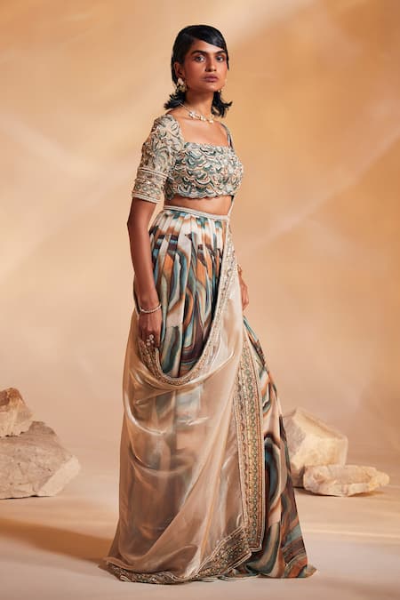 Buy_Divya Aggarwal_Multi Color Blouse  Saree And Chiffon Avery Pre-draped With_Online_at_Aza_Fashions