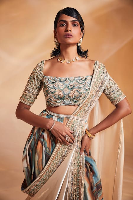 Shop_Divya Aggarwal_Multi Color Blouse  Saree And Chiffon Avery Pre-draped With_Online_at_Aza_Fashions