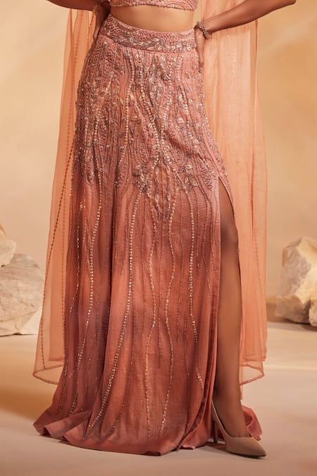 Buy_Divya Aggarwal_Coral Crushed Organza Abstract Plunge V Lilo Embroidered Skirt Set