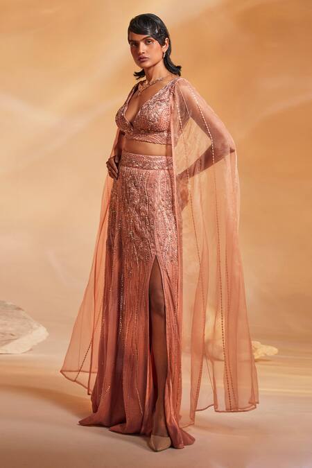 Shop_Divya Aggarwal_Coral Crushed Organza Abstract Plunge V Lilo Embroidered Skirt Set_Online_at_Aza_Fashions