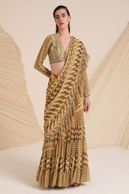 Divya Aggarwal_Yellow Blouse Georgette Printed Plunge V Neck Ruffle Pre-draped Saree And _Online_at_Aza_Fashions