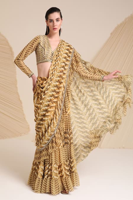Buy_Divya Aggarwal_Yellow Blouse Georgette Printed Plunge V Neck Ruffle Pre-draped Saree And _Online_at_Aza_Fashions
