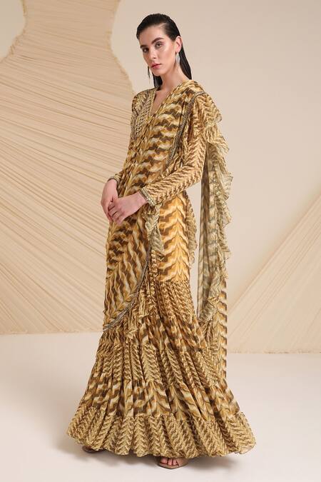 Shop_Divya Aggarwal_Yellow Blouse Georgette Printed Plunge V Neck Ruffle Pre-draped Saree And _Online_at_Aza_Fashions