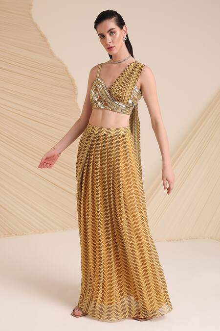 Divya Aggarwal_Purple Chiffon Printed Asymmetric Verity Blouse And Draped Skirt Set _Online_at_Aza_Fashions