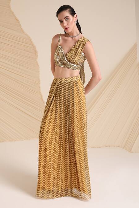 Buy_Divya Aggarwal_Purple Chiffon Printed Asymmetric Verity Blouse And Draped Skirt Set _Online_at_Aza_Fashions