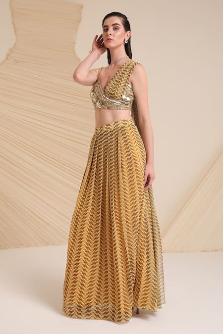 Shop_Divya Aggarwal_Purple Chiffon Printed Asymmetric Verity Blouse And Draped Skirt Set _Online_at_Aza_Fashions