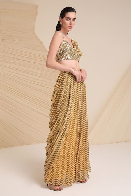 Divya Aggarwal Purple Chiffon Printed Asymmetric Verity Blouse And Draped Skirt Set at Aza Fashions Divya Aggarwal_Purple Chiffon Printed Asymmetric Verity Blouse And Draped Skirt Set _at_Aza_Fashions