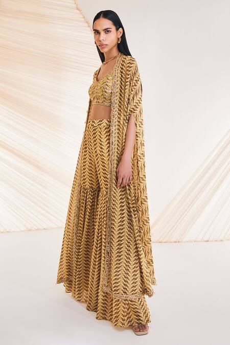 Divya Aggarwal Yellow Georgette Sequins, Beads V-neck Aubree Swirl Print Cape Sharara Set Online at Aza Fashions Divya Aggarwal_Yellow Georgette Sequins, Beads V-neck Aubree Swirl Print Cape Sharara Set _Online_at_Aza_Fashions