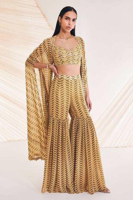 Buy Divya Aggarwal Yellow Georgette Sequins, Beads V-neck Aubree Swirl Print Cape Sharara Set Online at Aza Fashions Buy_Divya Aggarwal_Yellow Georgette Sequins, Beads V-neck Aubree Swirl Print Cape Sharara Set _Online_at_Aza_Fashions