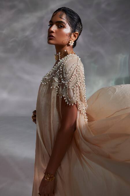 Shop_Divya Aggarwal_Beige Cape Crushed Organza, Corset And Skirt Hayden Embellished & Draped Set_Online_at_Aza_Fashions
