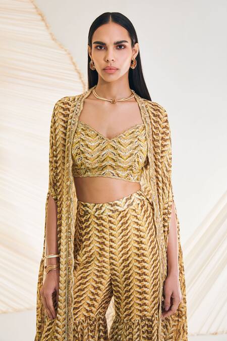 Shop Divya Aggarwal Yellow Georgette Sequins, Beads V-neck Aubree Swirl Print Cape Sharara Set Online at Aza Fashions Shop_Divya Aggarwal_Yellow Georgette Sequins, Beads V-neck Aubree Swirl Print Cape Sharara Set _Online_at_Aza_Fashions