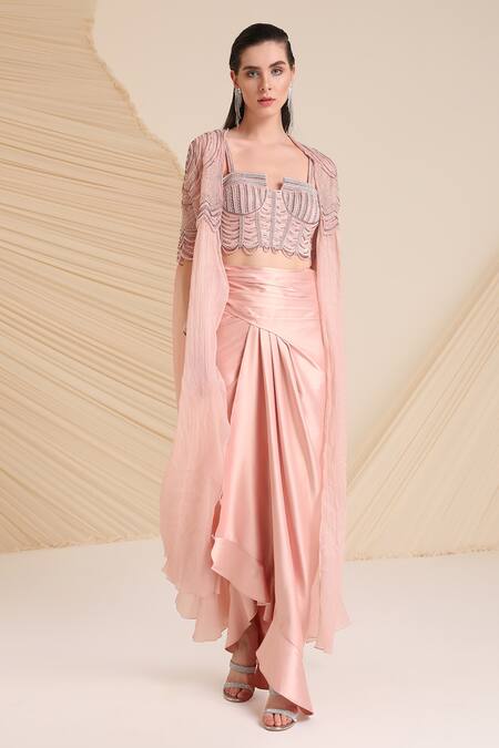 Divya Aggarwal_Pink Blouse Silk Satin Embellished Beads Alauren And Draped Skirt Set  _Online_at_Aza_Fashions