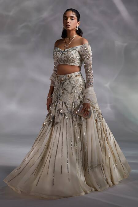 Buy_Divya Aggarwal_Off White Crushed Organza Geometric, Sequin, Bead Belen Embellished Lehenga Set _Online_at_Aza_Fashions