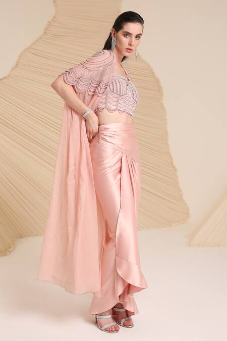 Buy_Divya Aggarwal_Pink Blouse Silk Satin Embellished Beads Alauren And Draped Skirt Set  _Online_at_Aza_Fashions