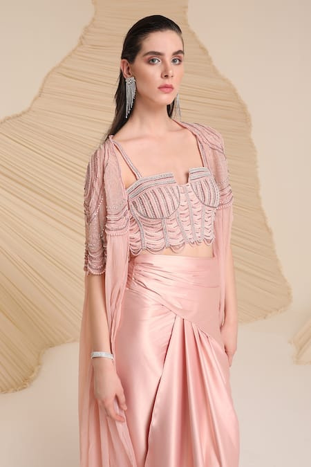 Shop_Divya Aggarwal_Pink Blouse Silk Satin Embellished Beads Alauren And Draped Skirt Set  _Online_at_Aza_Fashions