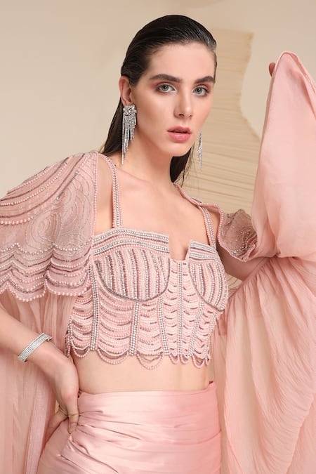 Divya Aggarwal_Pink Blouse Silk Satin Embellished Beads Alauren And Draped Skirt Set  _at_Aza_Fashions