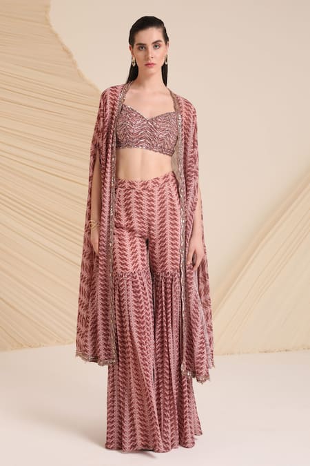 Divya Aggarwal_Purple Georgette Printed Bustier Sweetheart Neck Aubree Cape With Sharara Set _Online_at_Aza_Fashions