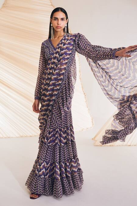 Buy_Divya Aggarwal_Purple Georgette, Chiffon Rosario Pre-draped Swirl Print Saree With Blouse _Online_at_Aza_Fashions
