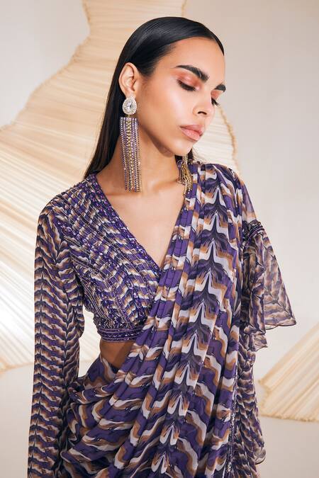 Shop_Divya Aggarwal_Purple Georgette, Chiffon Rosario Pre-draped Swirl Print Saree With Blouse _Online_at_Aza_Fashions