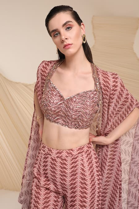 Divya Aggarwal_Purple Georgette Printed Bustier Sweetheart Neck Aubree Cape With Sharara Set _at_Aza_Fashions