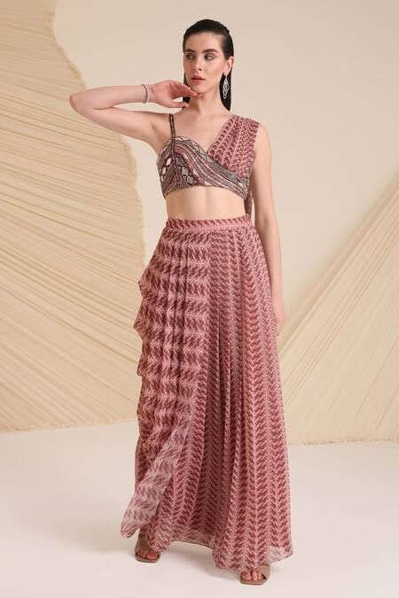 Divya Aggarwal_Purple Chiffon Printed Asymmetric Draped Blouse And Skirt Set _Online_at_Aza_Fashions