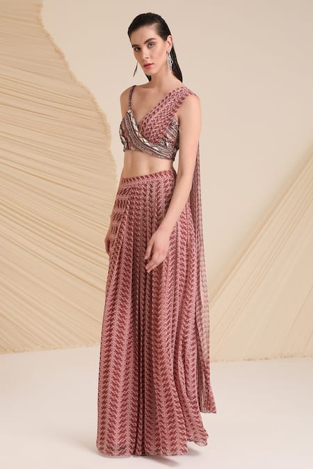 Buy_Divya Aggarwal_Purple Chiffon Printed Asymmetric Draped Blouse And Skirt Set _Online_at_Aza_Fashions