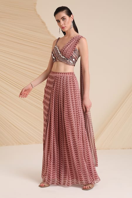 Shop_Divya Aggarwal_Purple Chiffon Printed Asymmetric Draped Blouse And Skirt Set _Online_at_Aza_Fashions