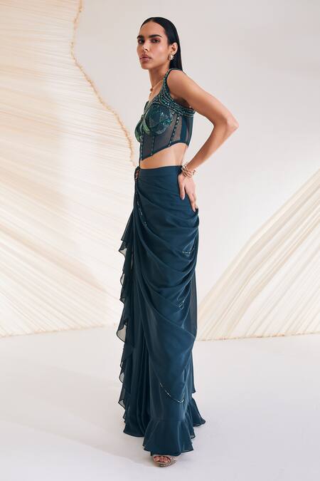 Buy Divya Aggarwal Green Georgette, Satin, Tulle Hertha Pre-draped Saree With Corset Blouse Online at Aza Fashions Buy_Divya Aggarwal_Green Georgette, Satin, Tulle Hertha Pre-draped Saree With Corset Blouse _Online_at_Aza_Fashions