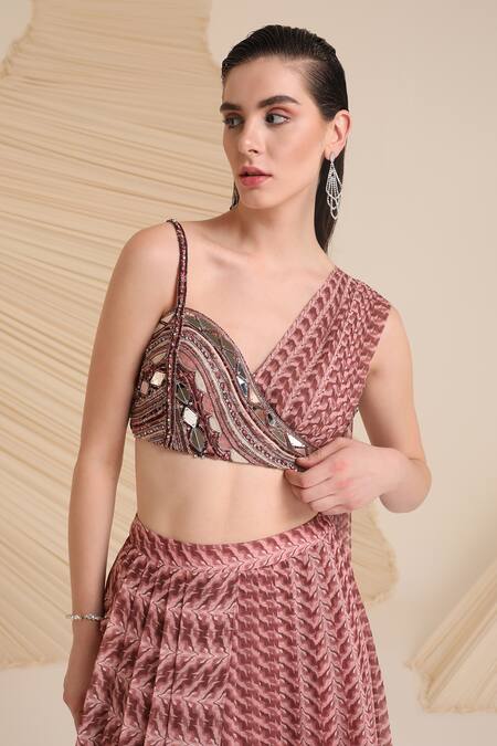 Divya Aggarwal_Purple Chiffon Printed Asymmetric Draped Blouse And Skirt Set _at_Aza_Fashions