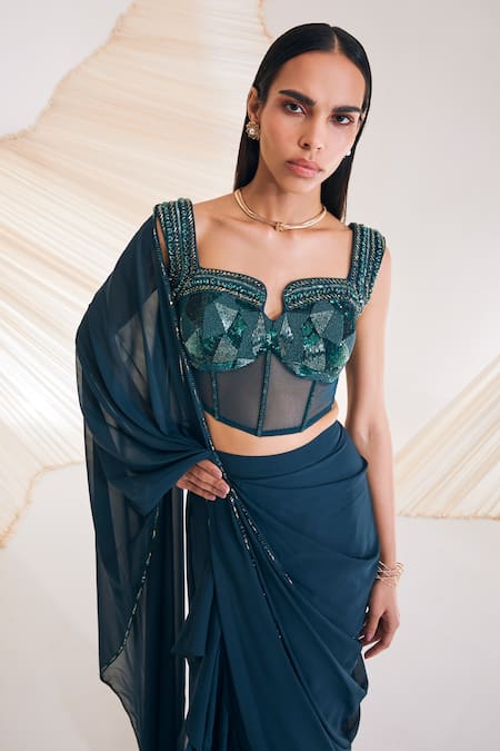 Shop Divya Aggarwal Green Georgette, Satin, Tulle Hertha Pre-draped Saree With Corset Blouse Online at Aza Fashions Shop_Divya Aggarwal_Green Georgette, Satin, Tulle Hertha Pre-draped Saree With Corset Blouse _Online_at_Aza_Fashions