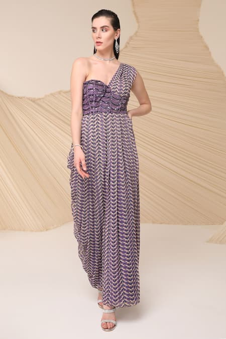 Divya Aggarwal_Purple Chiffon Printed Asymmetric One Shoulder Draped Maxi Dress _Online_at_Aza_Fashions
