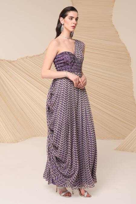 Buy_Divya Aggarwal_Purple Chiffon Printed Asymmetric One Shoulder Draped Maxi Dress _Online_at_Aza_Fashions
