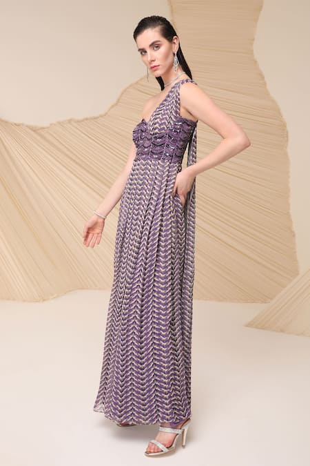Shop_Divya Aggarwal_Purple Chiffon Printed Asymmetric One Shoulder Draped Maxi Dress _Online_at_Aza_Fashions